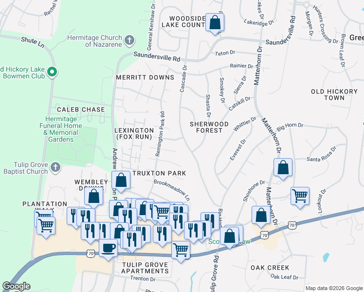 map of restaurants, bars, coffee shops, grocery stores, and more near 4792 Cascade Drive in Nashville