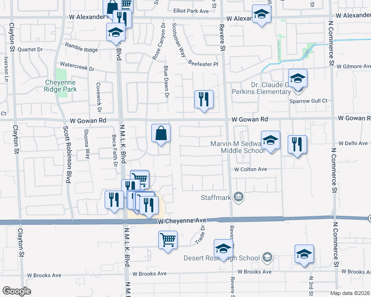 map of restaurants, bars, coffee shops, grocery stores, and more near 1009 Harp Way in North Las Vegas