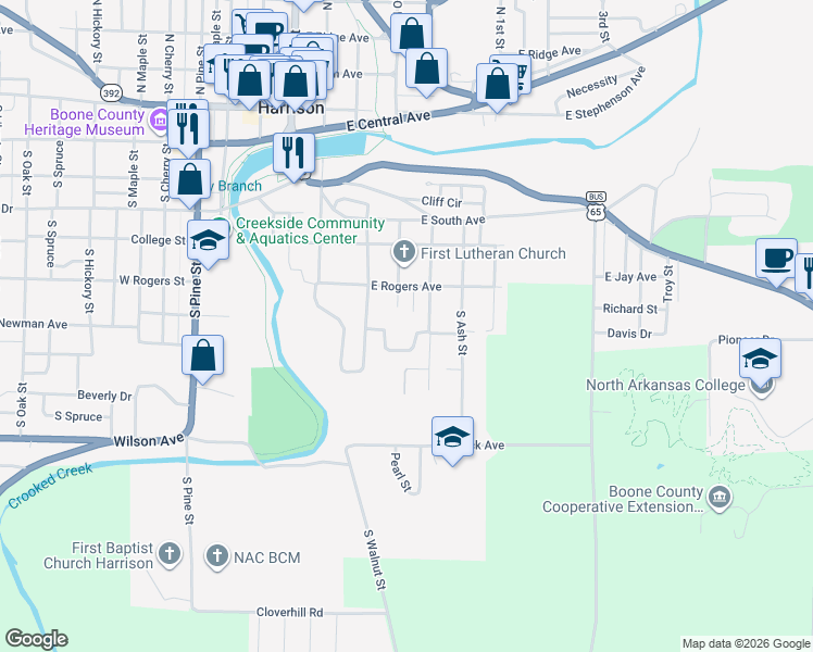 map of restaurants, bars, coffee shops, grocery stores, and more near 612 South Locust Street in Harrison