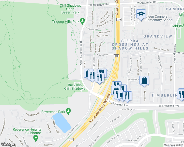 map of restaurants, bars, coffee shops, grocery stores, and more near 3401 Cactus Mountain Street in Las Vegas
