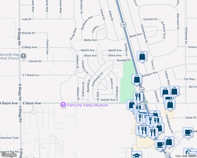 map of restaurants, bars, coffee shops, grocery stores, and more near 2 Huascaran Street in Pahrump