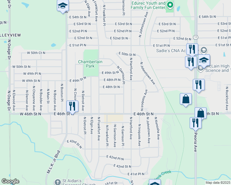 map of restaurants, bars, coffee shops, grocery stores, and more near 603 East 47th Place North in Tulsa