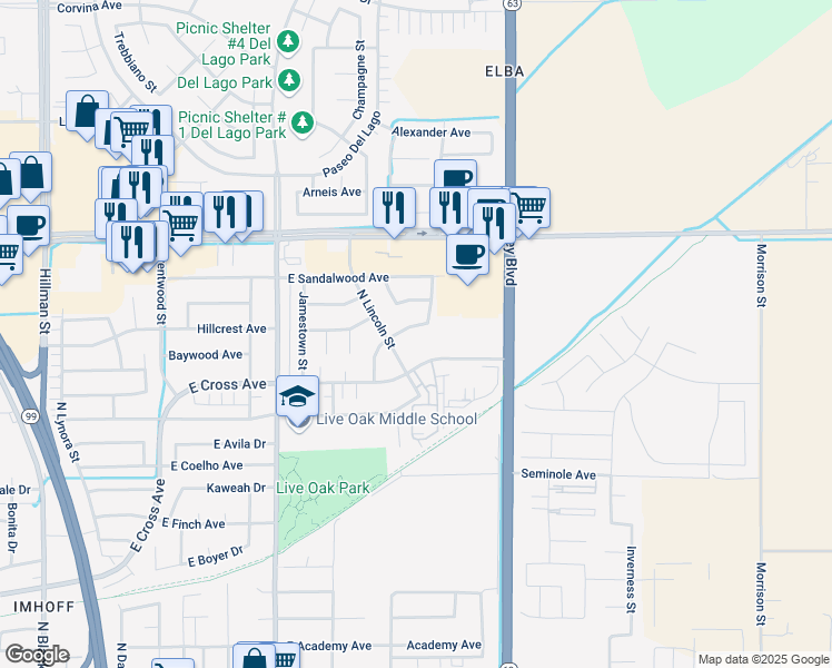map of restaurants, bars, coffee shops, grocery stores, and more near 1210 Constitution Street in Tulare