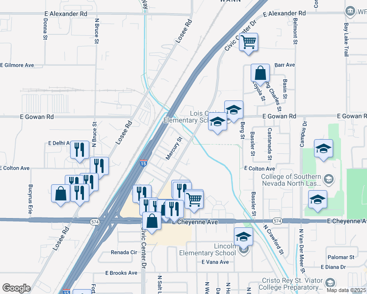 map of restaurants, bars, coffee shops, grocery stores, and more near 3420 Mercury Street in North Las Vegas