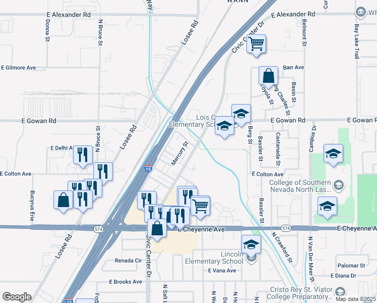 map of restaurants, bars, coffee shops, grocery stores, and more near 3500a Mercury Street in North Las Vegas