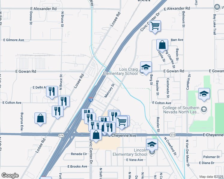 map of restaurants, bars, coffee shops, grocery stores, and more near 3500a Mercury Street in North Las Vegas