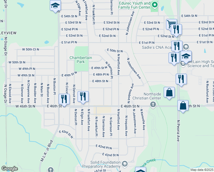 map of restaurants, bars, coffee shops, grocery stores, and more near 613 East 47th Place North in Tulsa