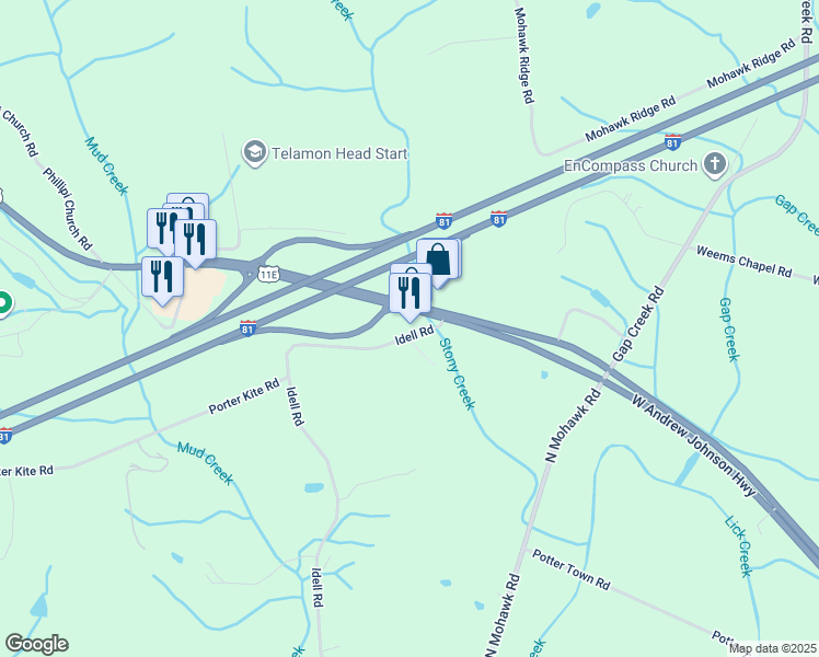 map of restaurants, bars, coffee shops, grocery stores, and more near 13425 West Andrew Johnson Highway in Mosheim