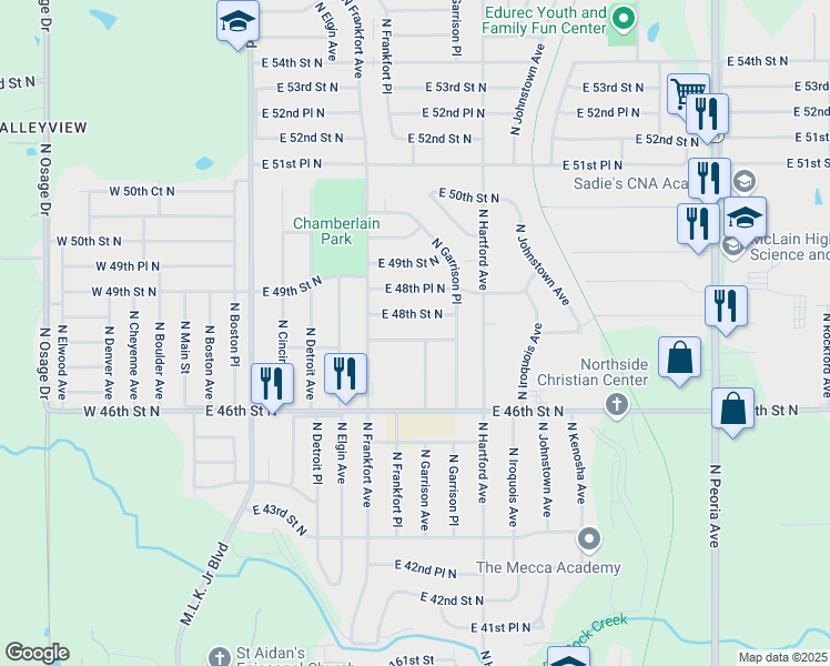 map of restaurants, bars, coffee shops, grocery stores, and more near 543 East 47th Place North in Tulsa