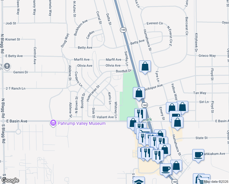 map of restaurants, bars, coffee shops, grocery stores, and more near 230 Whitney Lane in Pahrump