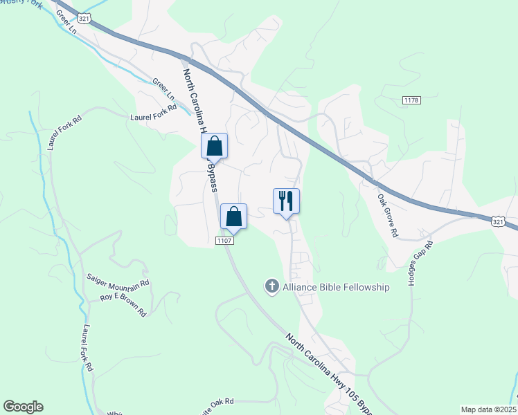 map of restaurants, bars, coffee shops, grocery stores, and more near 321 Eagles Path in Boone