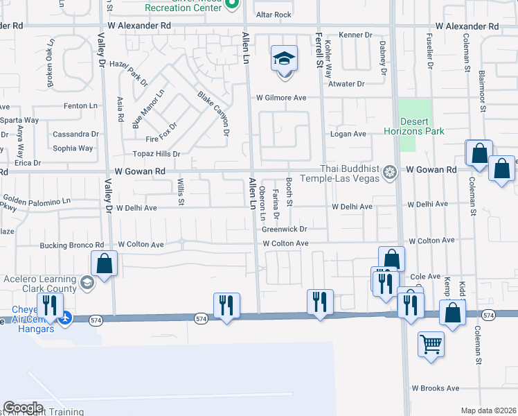 map of restaurants, bars, coffee shops, grocery stores, and more near 3503 Oberon Lane in North Las Vegas