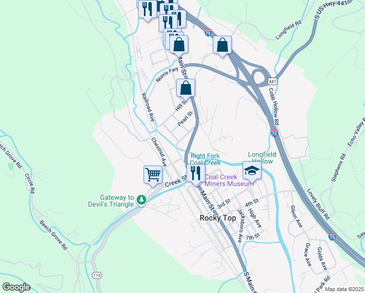 map of restaurants, bars, coffee shops, grocery stores, and more near 108 Meadow Street in Rocky Top