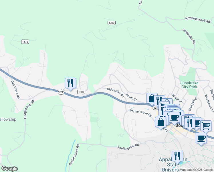 map of restaurants, bars, coffee shops, grocery stores, and more near 504 Green Street in Boone
