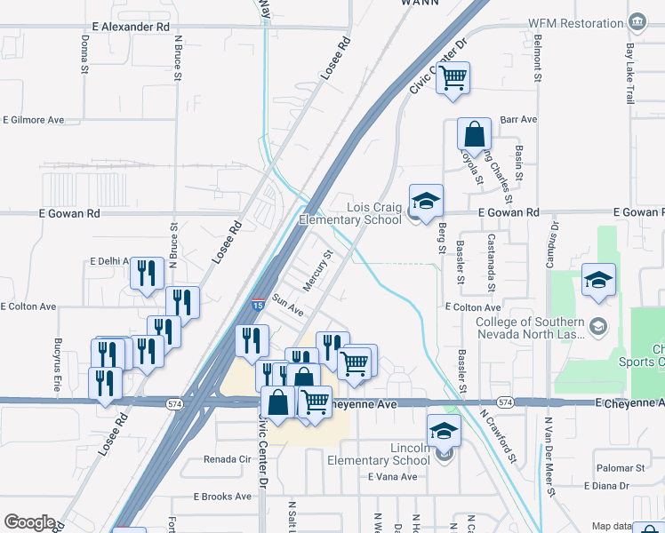 map of restaurants, bars, coffee shops, grocery stores, and more near 3420 Mercury Street in North Las Vegas