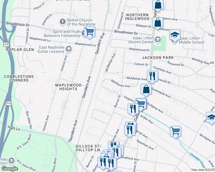 map of restaurants, bars, coffee shops, grocery stores, and more near 905 Virginia Avenue in Nashville