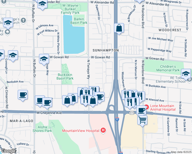 map of restaurants, bars, coffee shops, grocery stores, and more near 7104 West Lodge Circle in Las Vegas