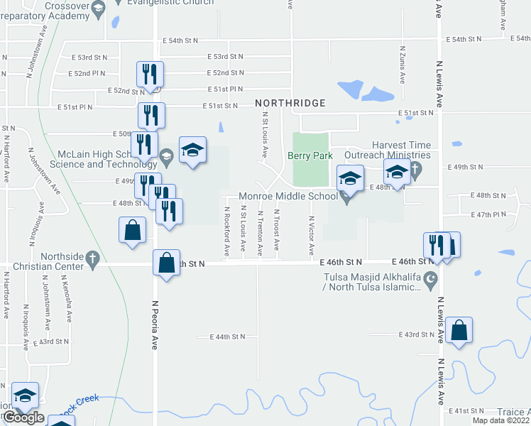 map of restaurants, bars, coffee shops, grocery stores, and more near 4680 North Troost Avenue in Tulsa