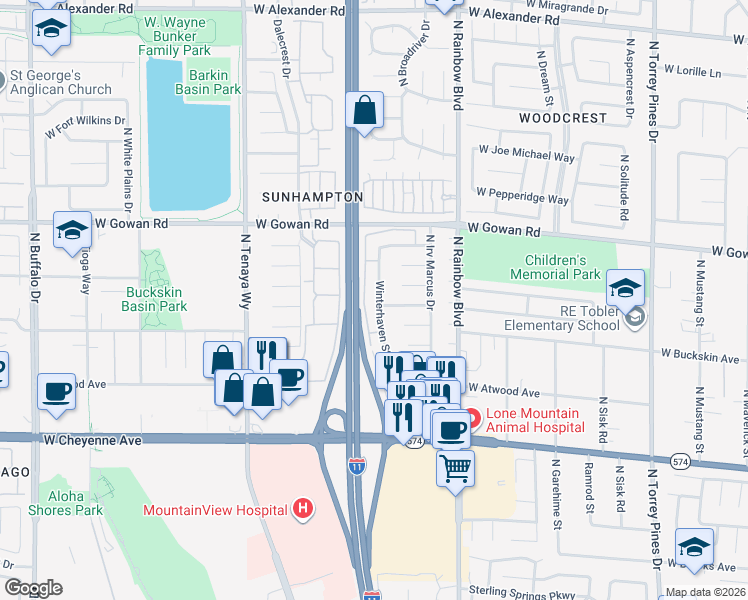 map of restaurants, bars, coffee shops, grocery stores, and more near 3420 Winterhaven Street in Las Vegas