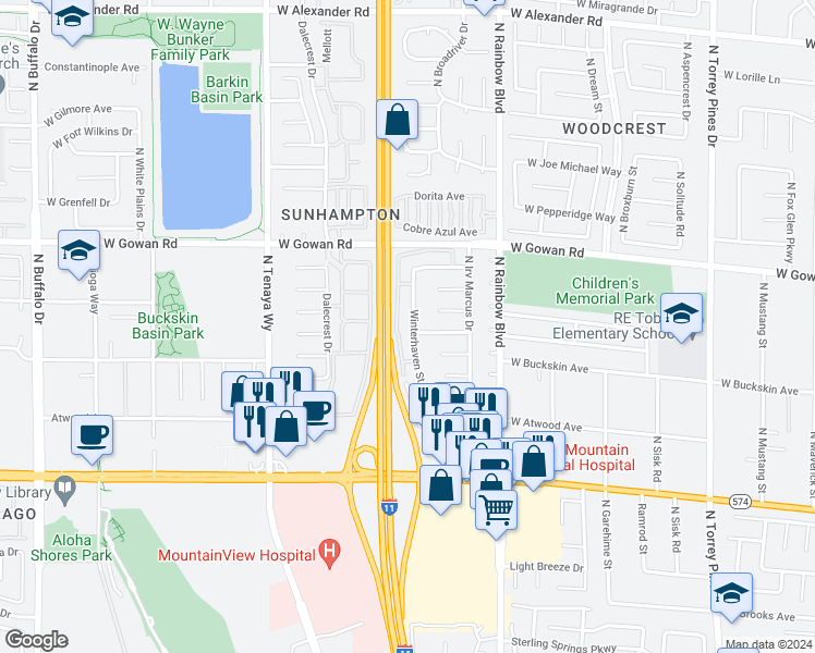 map of restaurants, bars, coffee shops, grocery stores, and more near 3420 Winterhaven Street in Las Vegas
