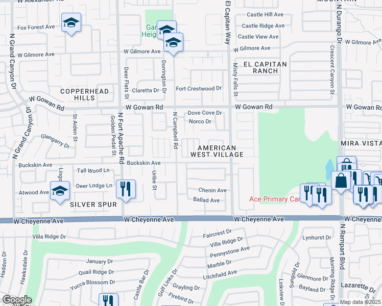 map of restaurants, bars, coffee shops, grocery stores, and more near 3431 White Mission Drive in Las Vegas