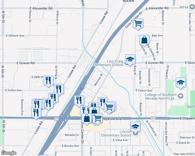 map of restaurants, bars, coffee shops, grocery stores, and more near 3501 Mercury Street in North Las Vegas