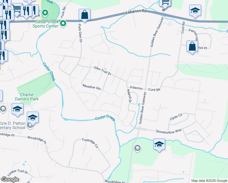 map of restaurants, bars, coffee shops, grocery stores, and more near 2851 Meadow Glen in Mount Juliet