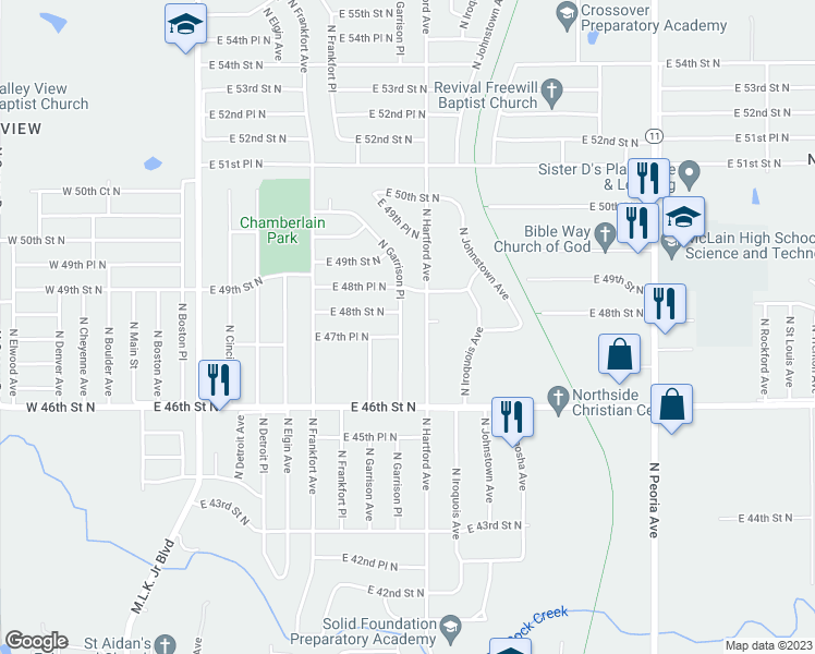 map of restaurants, bars, coffee shops, grocery stores, and more near 4731 North Garrison Place in Tulsa