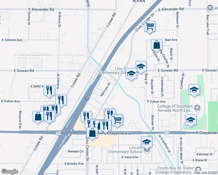 map of restaurants, bars, coffee shops, grocery stores, and more near 3420 Mercury Street in North Las Vegas