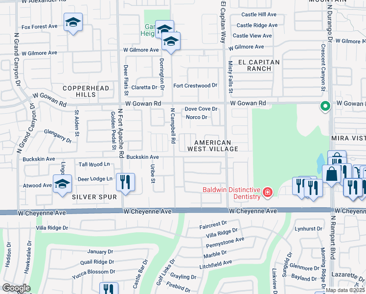 map of restaurants, bars, coffee shops, grocery stores, and more near 3435 Creek River Drive in Las Vegas