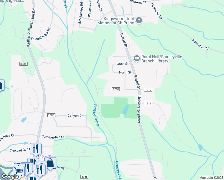 map of restaurants, bars, coffee shops, grocery stores, and more near 334 West Wall Street in Rural Hall