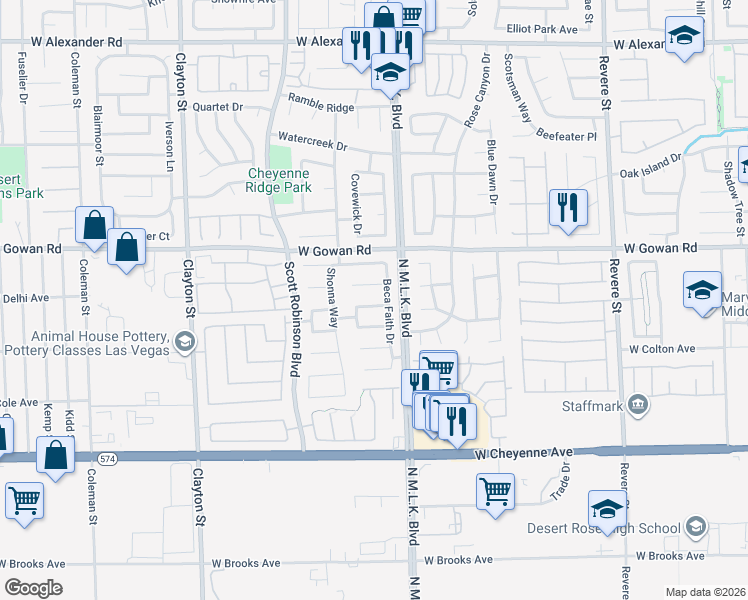 map of restaurants, bars, coffee shops, grocery stores, and more near 1525 Knoll Heights Court in North Las Vegas