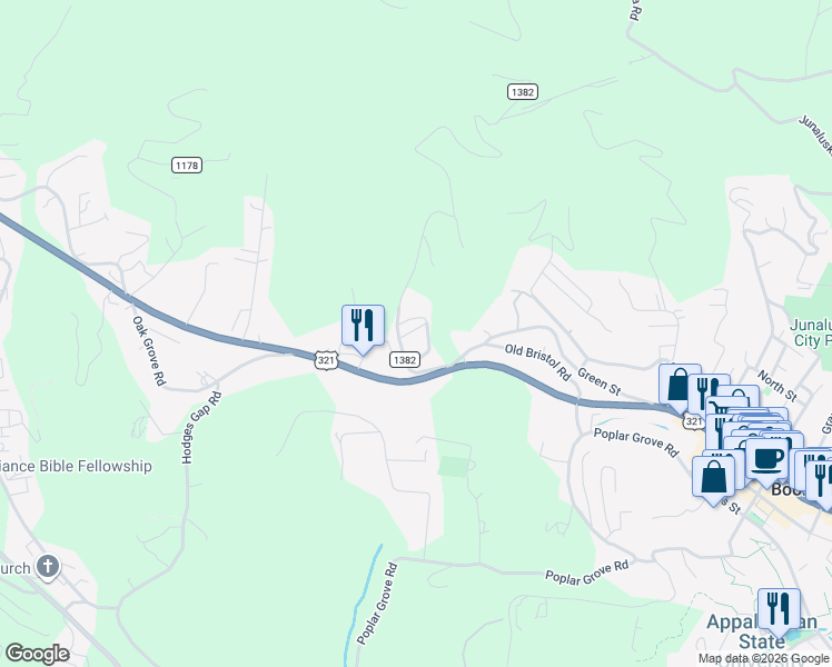 map of restaurants, bars, coffee shops, grocery stores, and more near 130 Pinnacle Woods Drive in Boone