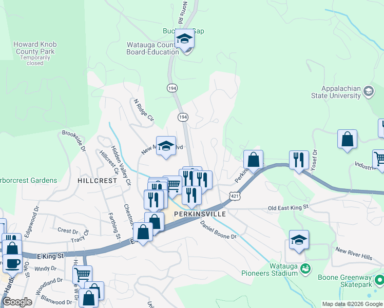 map of restaurants, bars, coffee shops, grocery stores, and more near 380 Jefferson Road in Boone