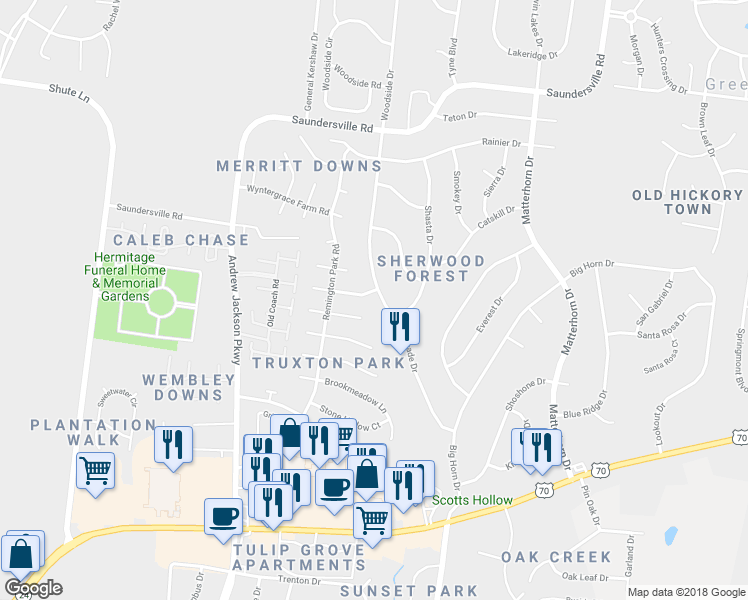 map of restaurants, bars, coffee shops, grocery stores, and more near 4788 Cascade Drive in Nashville