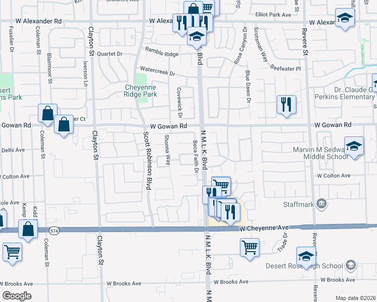 map of restaurants, bars, coffee shops, grocery stores, and more near 1532 Honey Vista Lane in North Las Vegas