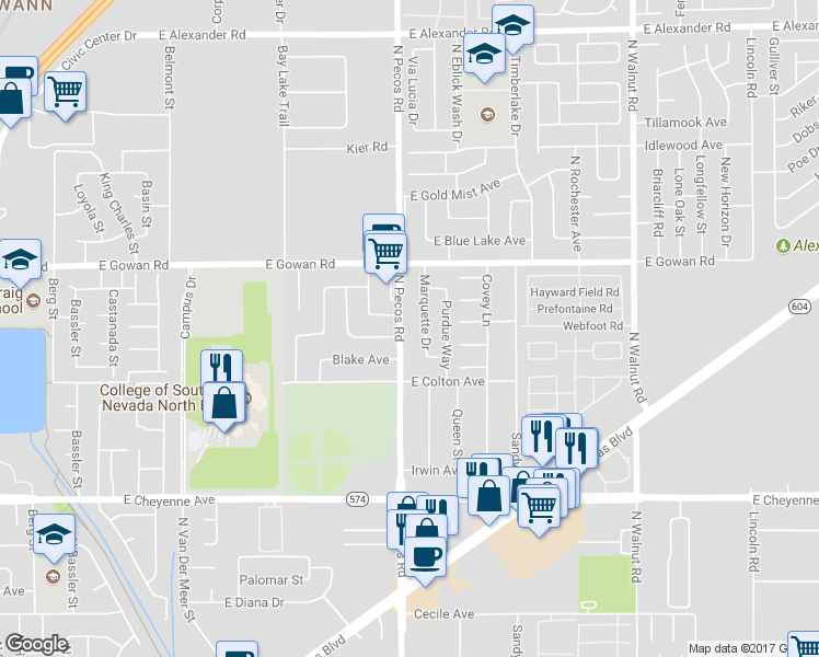 map of restaurants, bars, coffee shops, grocery stores, and more near 3490 North Pecos Road in Las Vegas