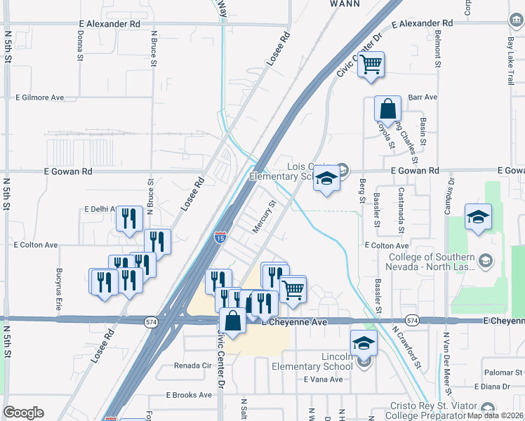 map of restaurants, bars, coffee shops, grocery stores, and more near 3501 Mercury Street in North Las Vegas