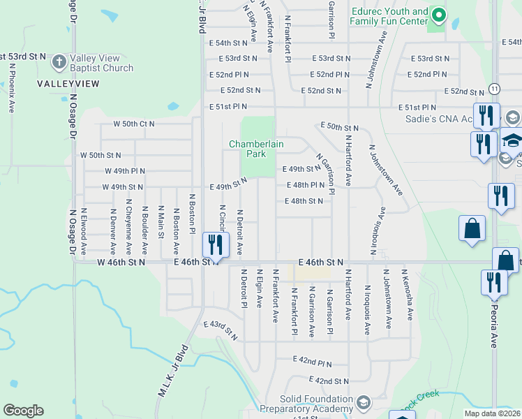 map of restaurants, bars, coffee shops, grocery stores, and more near 4808 North Frankfort Avenue in Tulsa