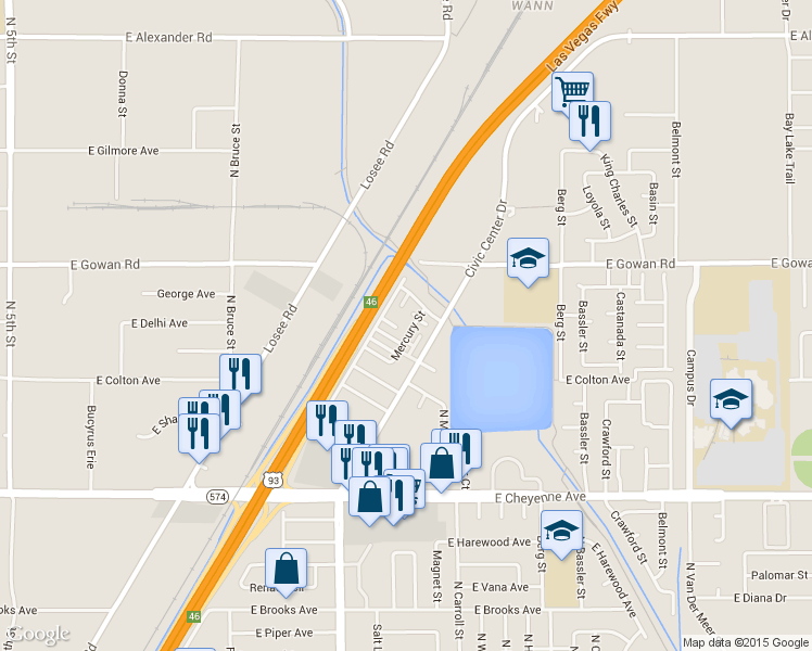 map of restaurants, bars, coffee shops, grocery stores, and more near 3505 Bulloch Street in North Las Vegas