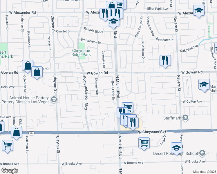 map of restaurants, bars, coffee shops, grocery stores, and more near 1525 Knoll Heights Court in North Las Vegas