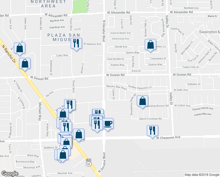 map of restaurants, bars, coffee shops, grocery stores, and more near 4629 Golden Palomino Lane in North Las Vegas