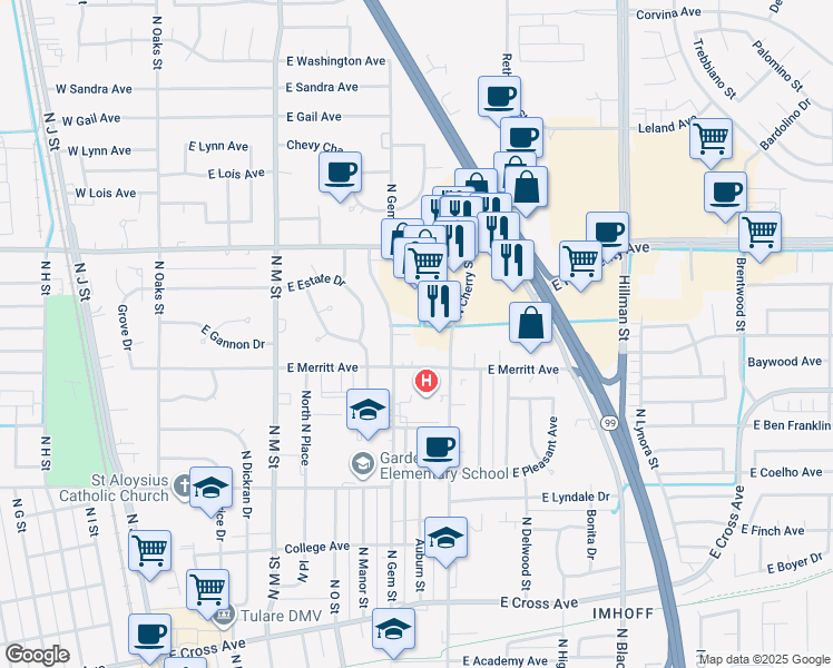 map of restaurants, bars, coffee shops, grocery stores, and more near 1101 North Cherry Street in Tulare