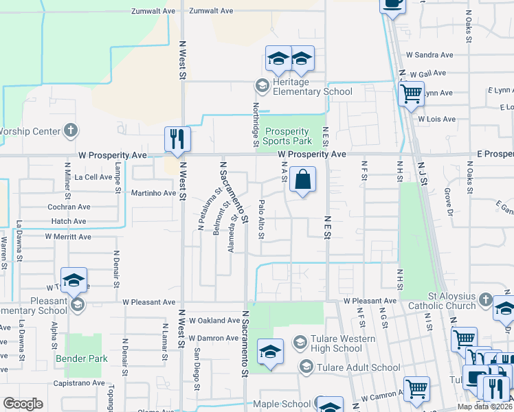 map of restaurants, bars, coffee shops, grocery stores, and more near 1186 Belmont St in Tulare