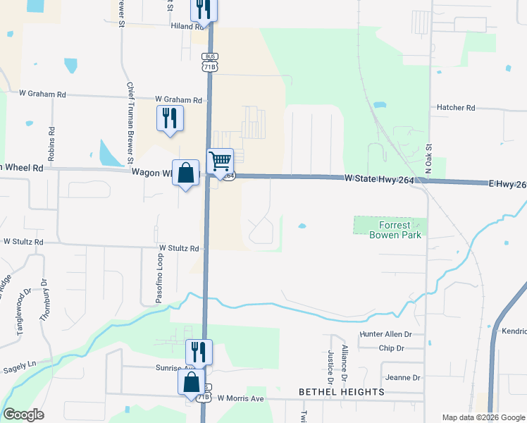 map of restaurants, bars, coffee shops, grocery stores, and more near 4322 Ferns Valley Loop in Springdale