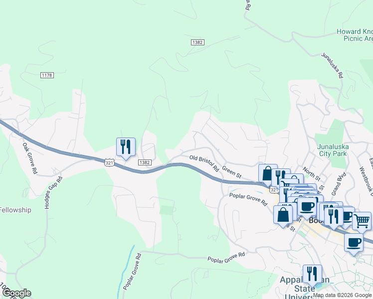 map of restaurants, bars, coffee shops, grocery stores, and more near 504 Green Street in Boone