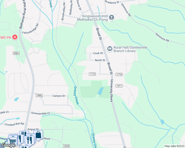 map of restaurants, bars, coffee shops, grocery stores, and more near 322 West Wall Street in Rural Hall
