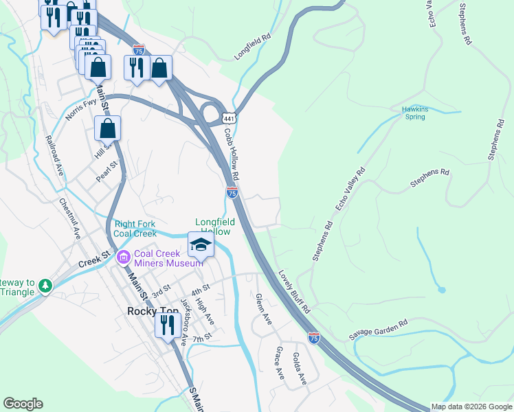 map of restaurants, bars, coffee shops, grocery stores, and more near 161 Cobb Hollow Road in Rocky Top