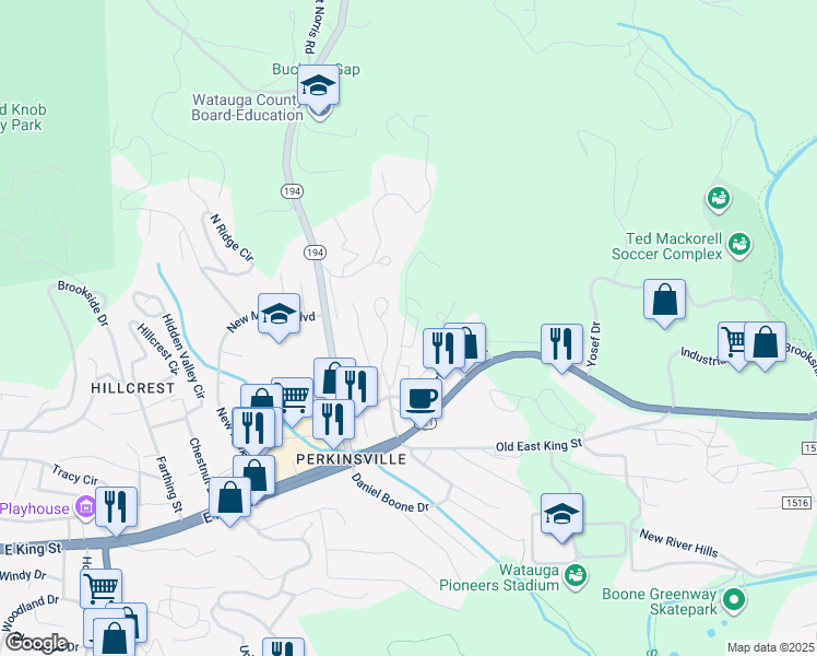 map of restaurants, bars, coffee shops, grocery stores, and more near 250 Clawson Street in Boone