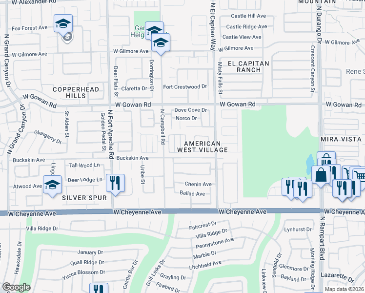 map of restaurants, bars, coffee shops, grocery stores, and more near 3440 White Mission Drive in Las Vegas